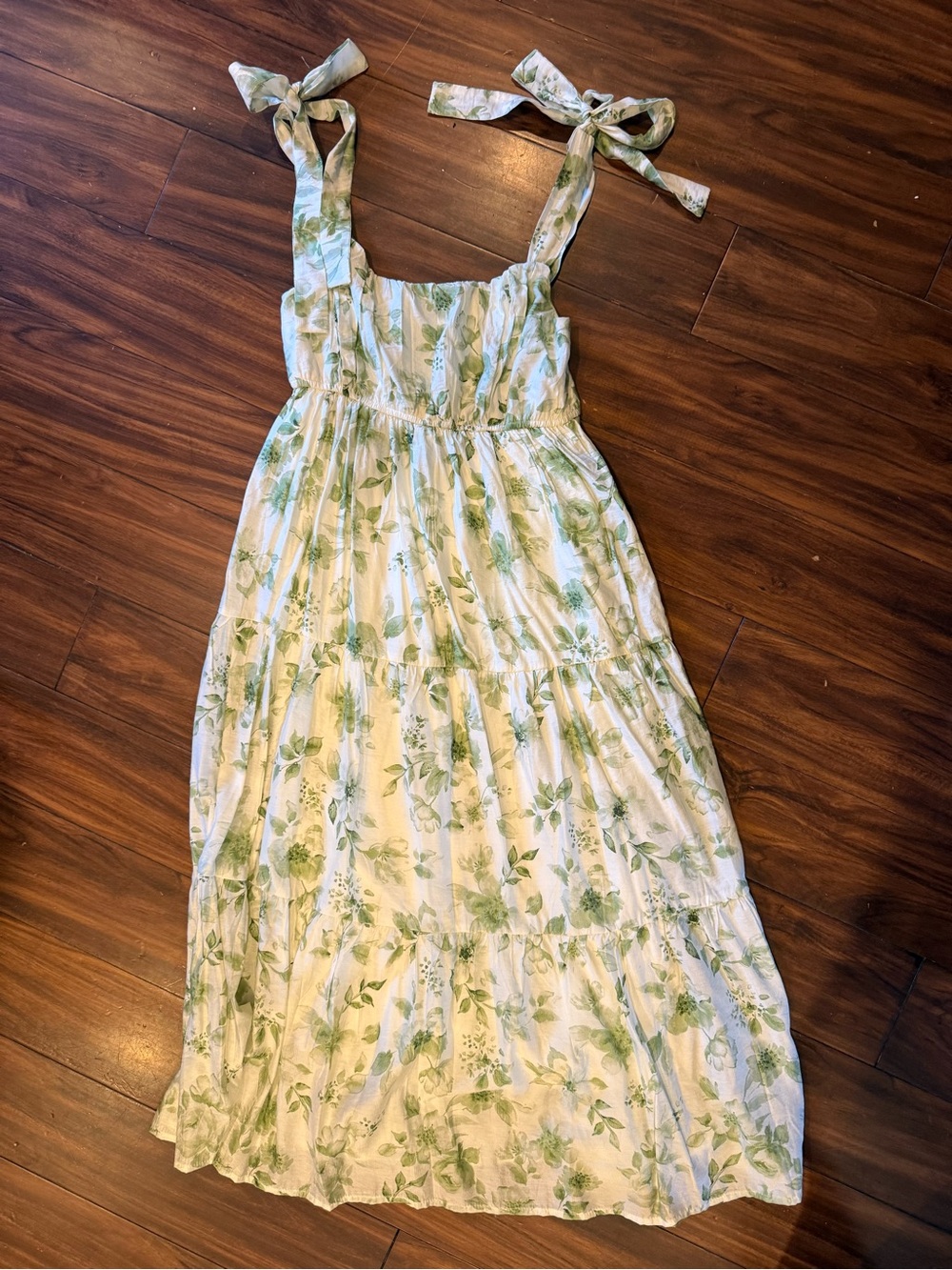 White Maxi Dress with Green Floral Print and Tie Straps